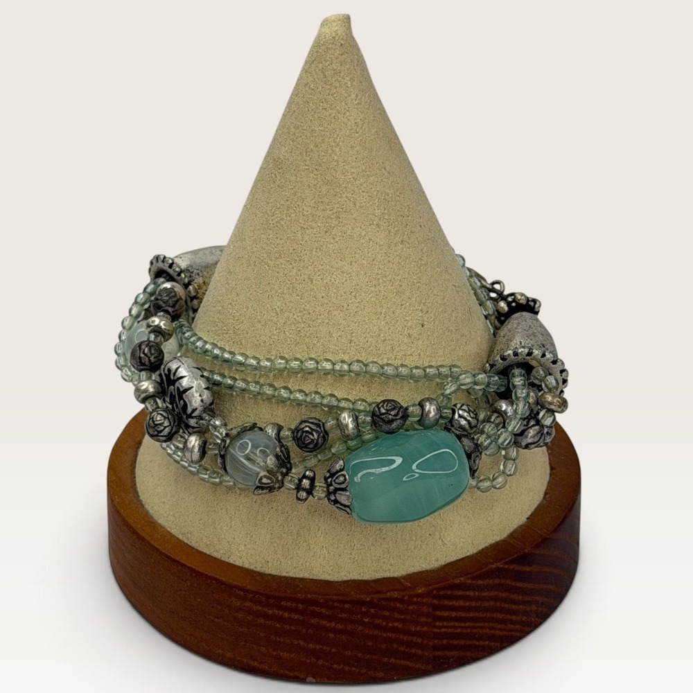Artisan Multi Strand Beaded Bracelet Seafoam Green Silver Rose Toggle Boho Y2K